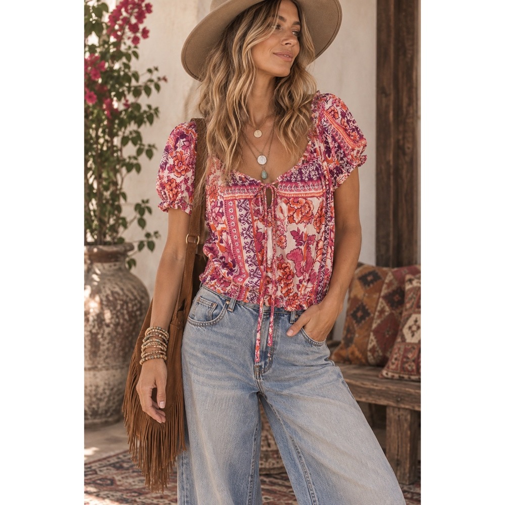 Angie NWT Pink Floral Boho Peasant Top Short Puff Sleeve Tie Front Cropped M